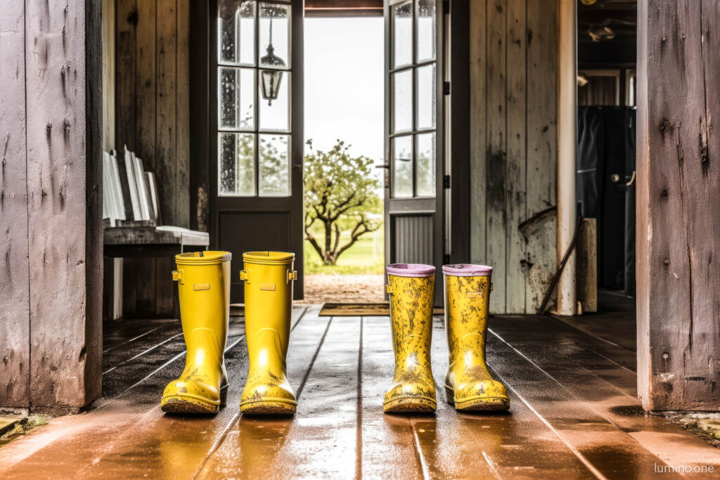 Yellow rainboots in a rustic farmhouse interior
