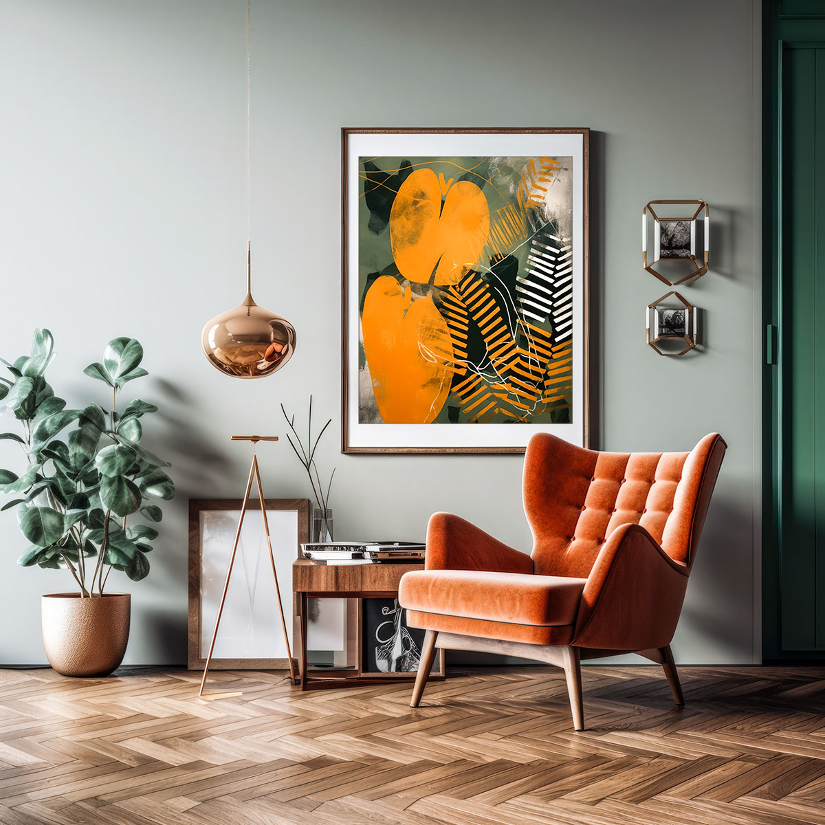 Modern interior in mid century style with burnt orange armchair and tropical leaf wall art