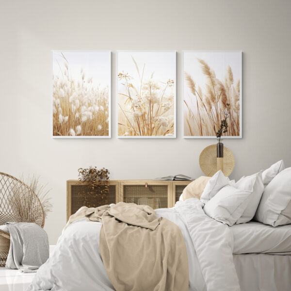 Dried Grass Wall Art, Set of 3, in a boho bedroom with natural wooden furniture