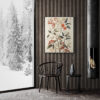 Vintage Floral Berries Wall Art Poster in a Cozy Interior with Winter Views and Fireplace