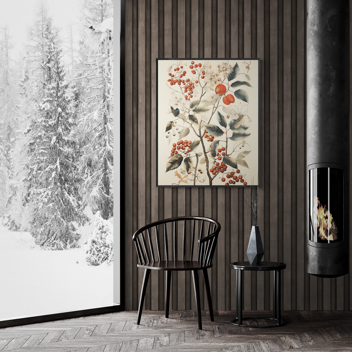 Vintage Floral Berries Wall Art Poster in a Cozy Interior with Winter Views and Fireplace