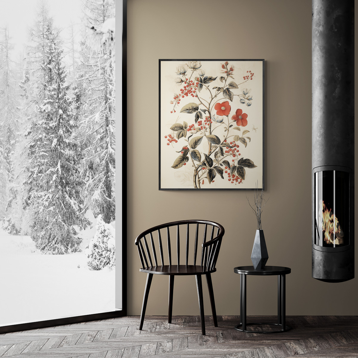 Vintage Floral Berries Wall Art Poster in a Cozy Interior with Winter Views and Fireplace