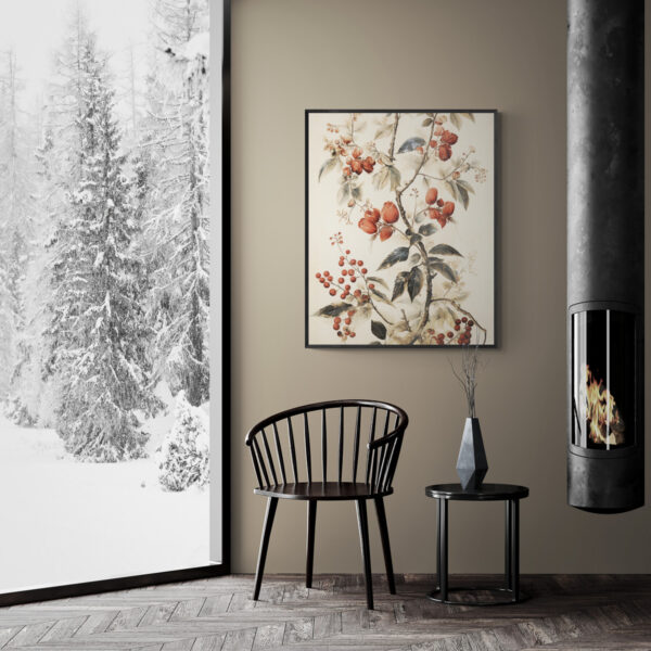 Vintage Floral Berries Wall Art Poster in a Cozy Interior with Winter Views and Fireplace