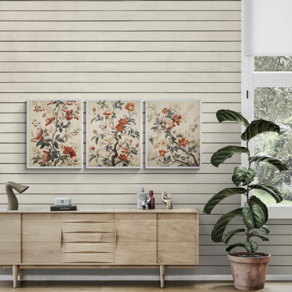 Vintage Floral Wall Art Poster in a living room with long wooden cabinet and floor plant