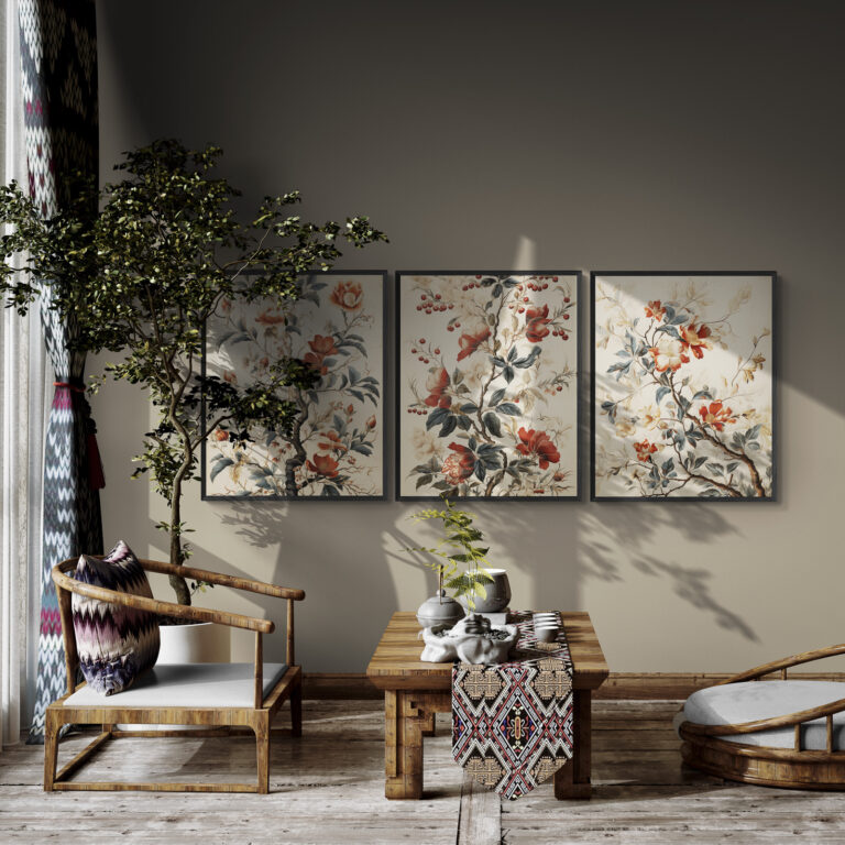 Vintage Floral Wall Art Poster in a rustic living room with large floor plant
