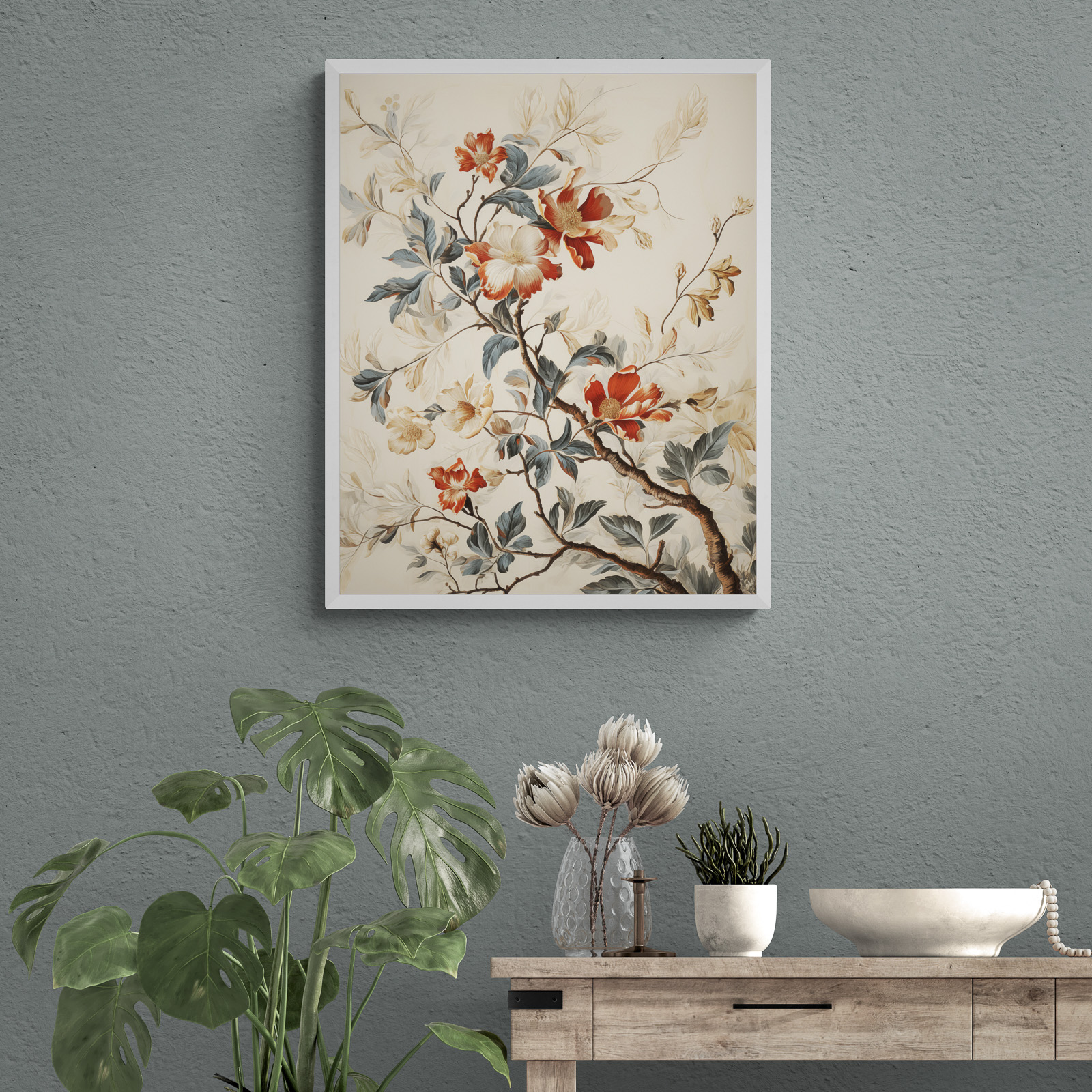 Vintage Floral Wall Art Poster in an entryway with farmhouse console table and plant