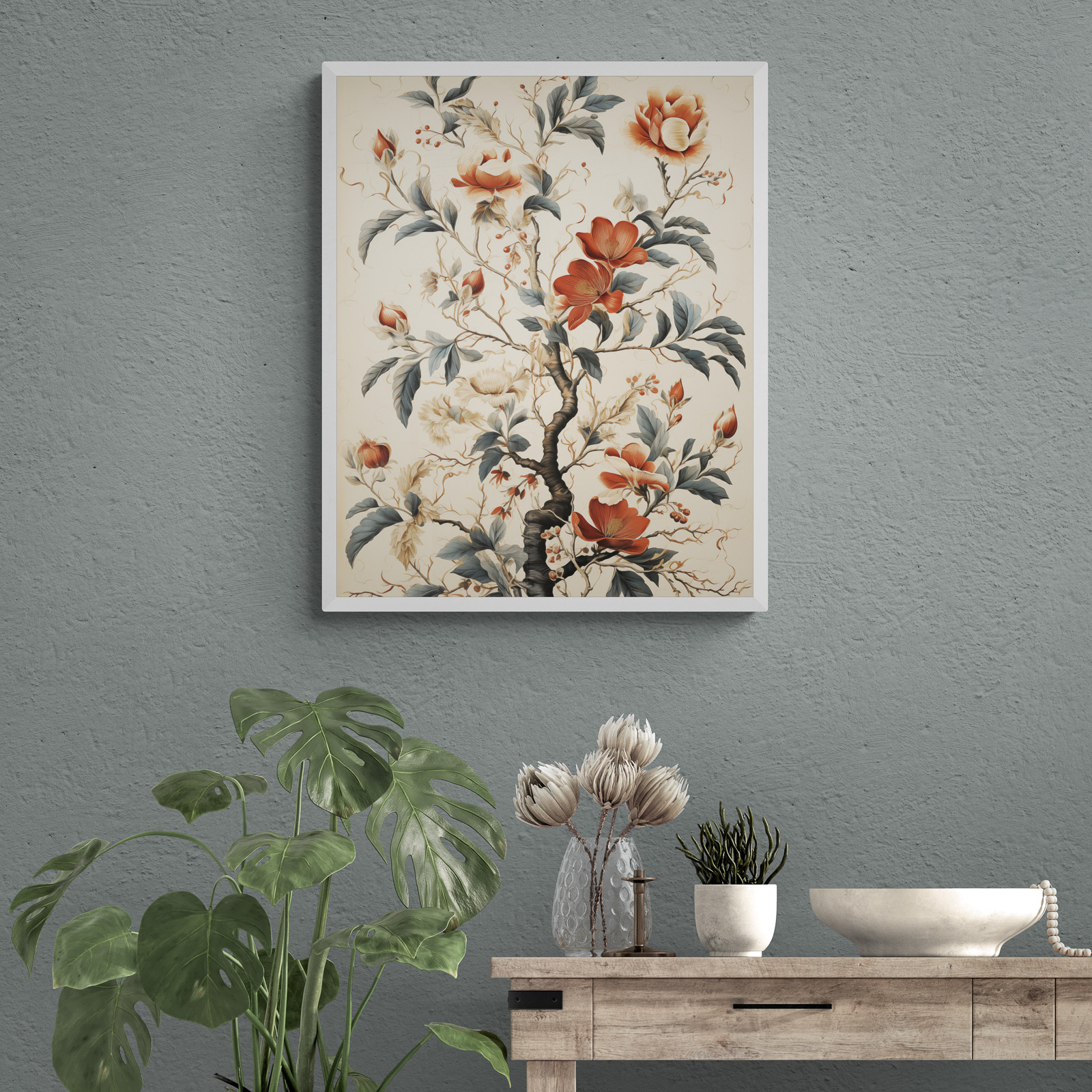 Vintage Floral Wall Art Poster in an entryway with farmhouse console table and plant