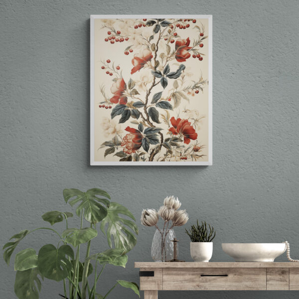 Vintage Floral Wall Art Poster in an entryway with farmhouse console table and plant