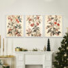 Vintage Floral Berries Wall Art Poster over a Fireplace with Goldern Holiday Decor and Christmas Tree