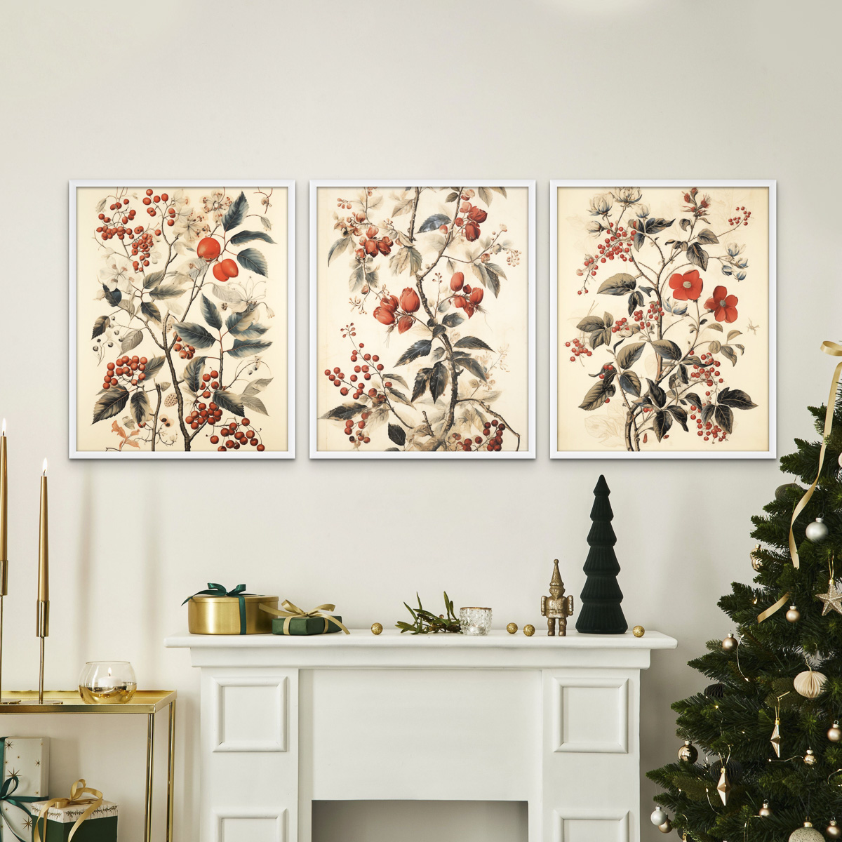 Vintage Floral Berries Wall Art Poster over a Fireplace with Goldern Holiday Decor and Christmas Tree