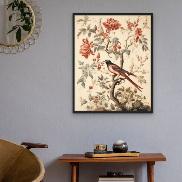 Vintage Floral Birds Wall Art Poster in a Mid Century Modern Entryway with Wooden Console Table