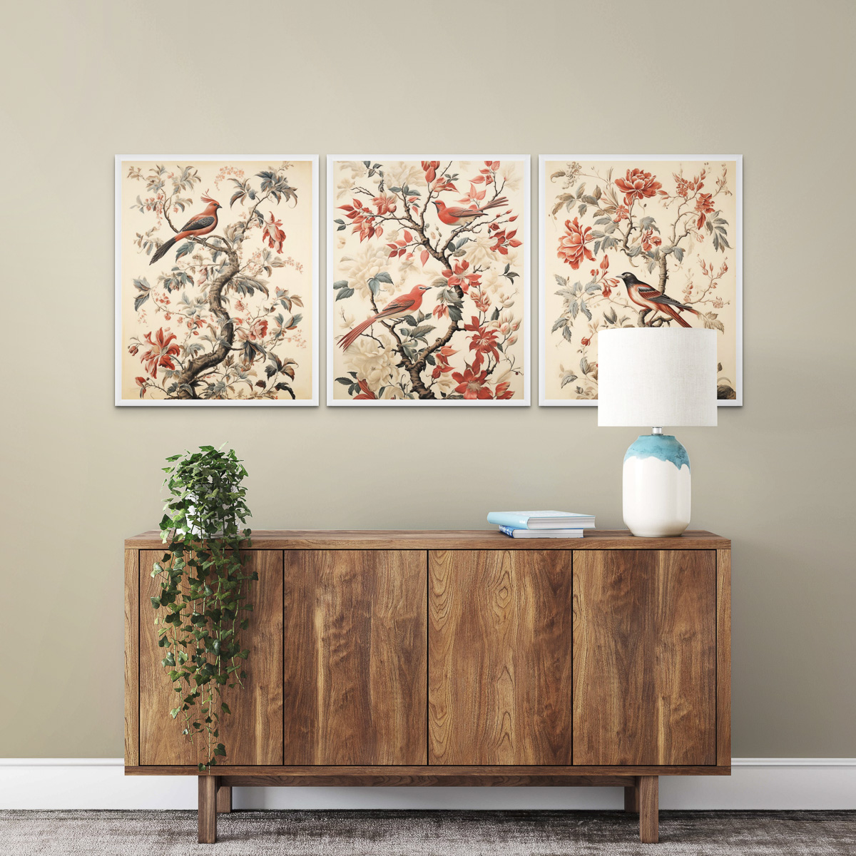 Vintage Floral Birds Wall Art Poster over a Danish Wooden Cabinet