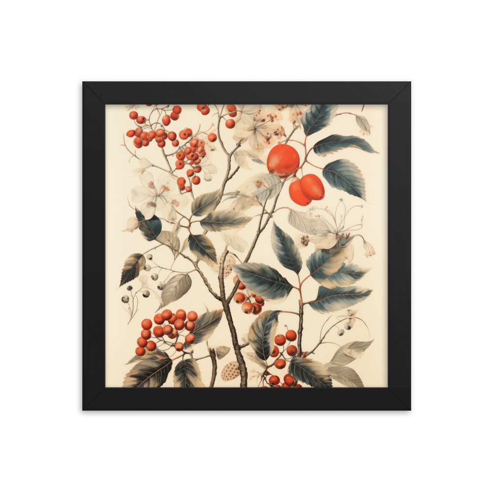 Vintage Floral Motifs with Red Berries 01 | Framed poster