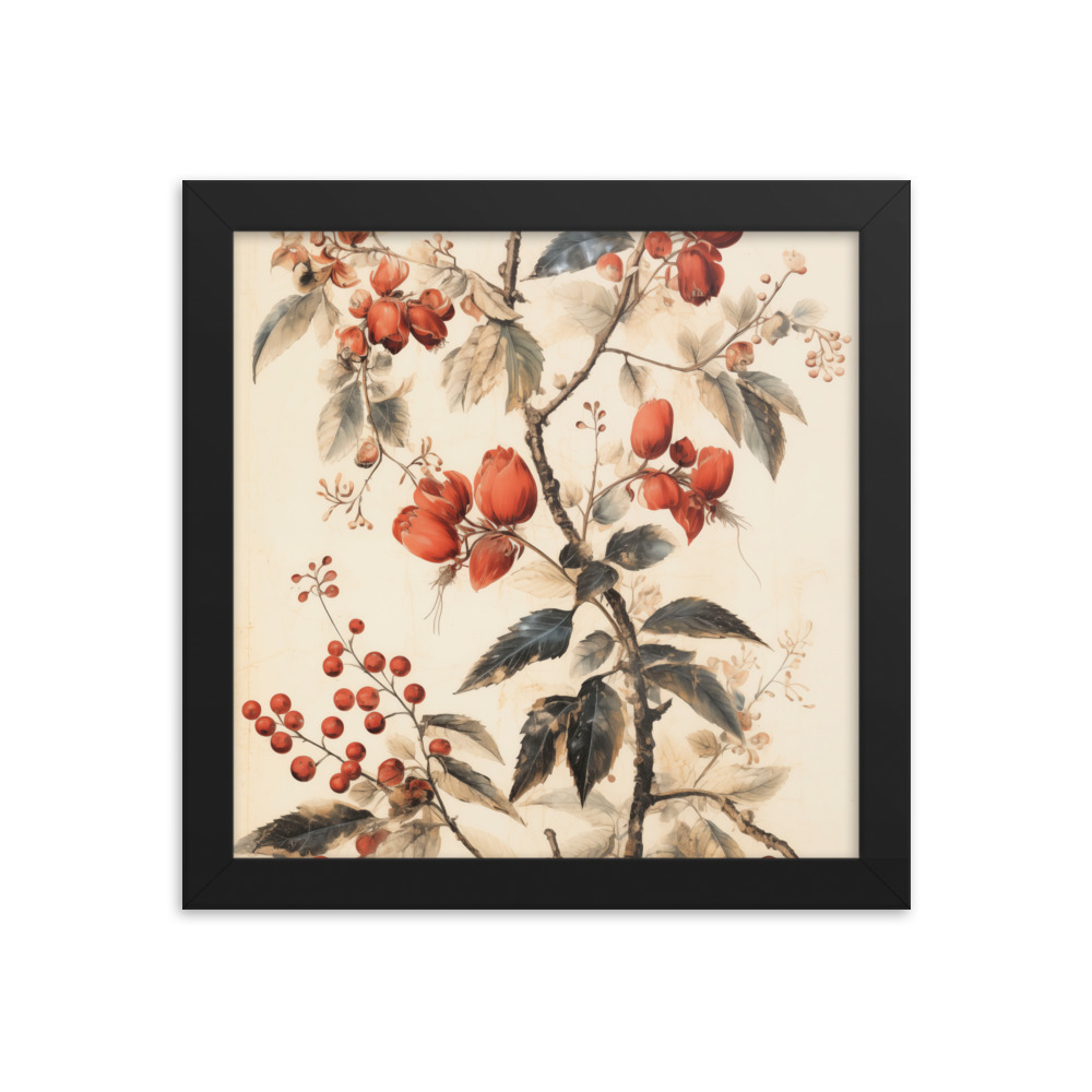 Vintage Floral Motifs with Red Berries 02 | Framed poster