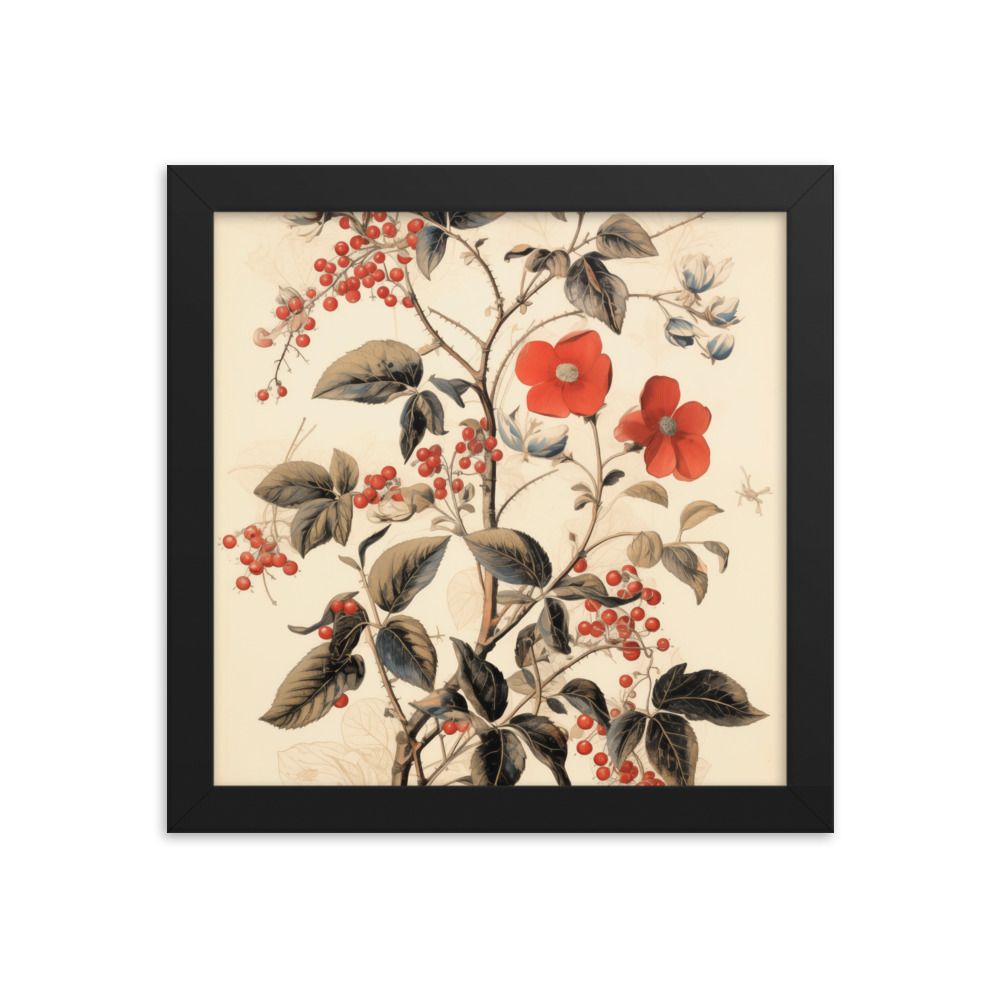 Vintage Floral Motifs with Red Berries 03 | Framed poster