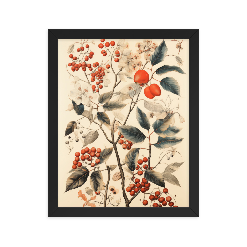 Vintage Floral Motifs with Red Berries 01 | Framed poster