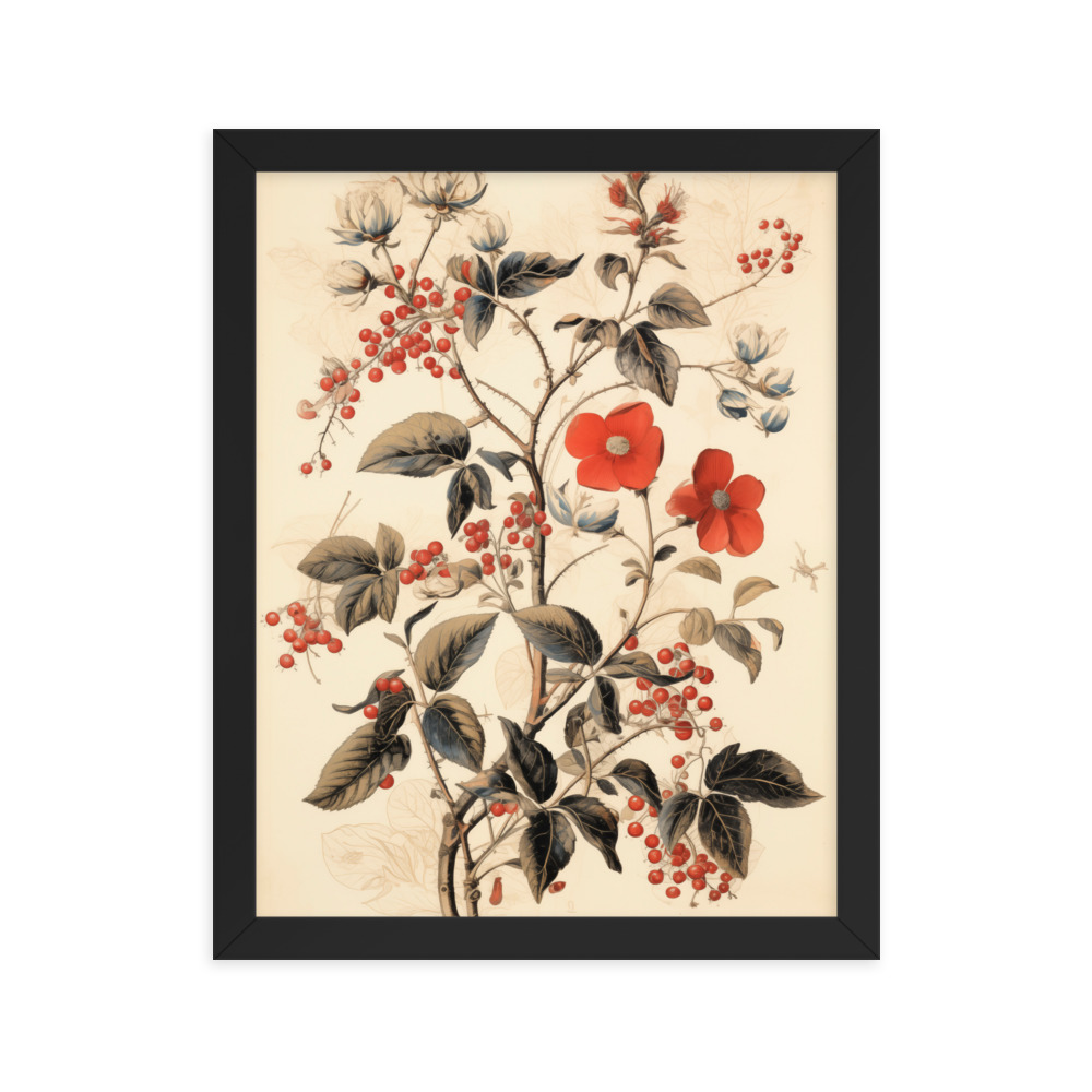 Vintage Floral Motifs with Red Berries 03 | Framed poster