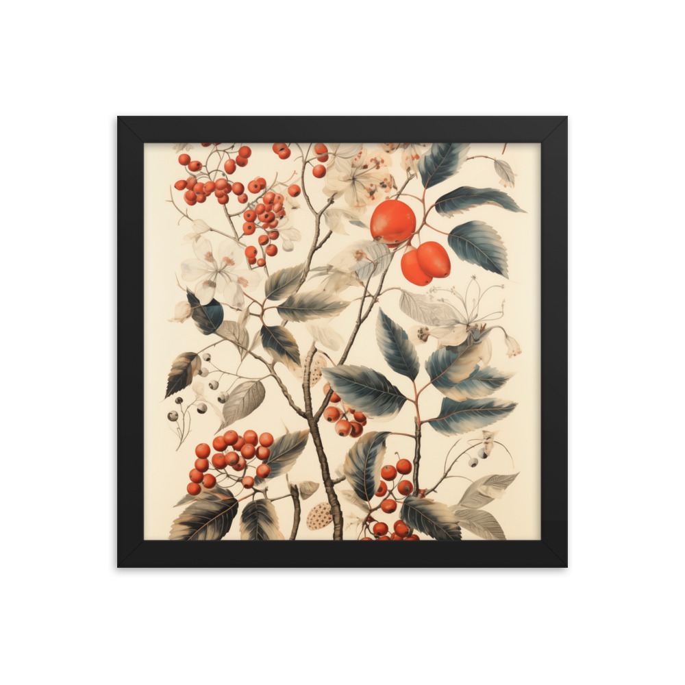 Vintage Floral Motifs with Red Berries 01 | Framed poster