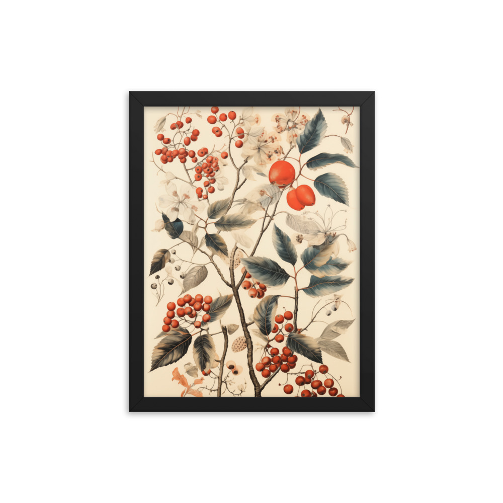 Vintage Floral Motifs with Red Berries 01 | Framed poster