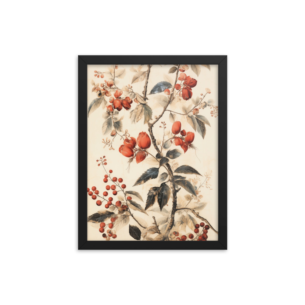 Vintage Floral Motifs with Red Berries 02 | Framed poster