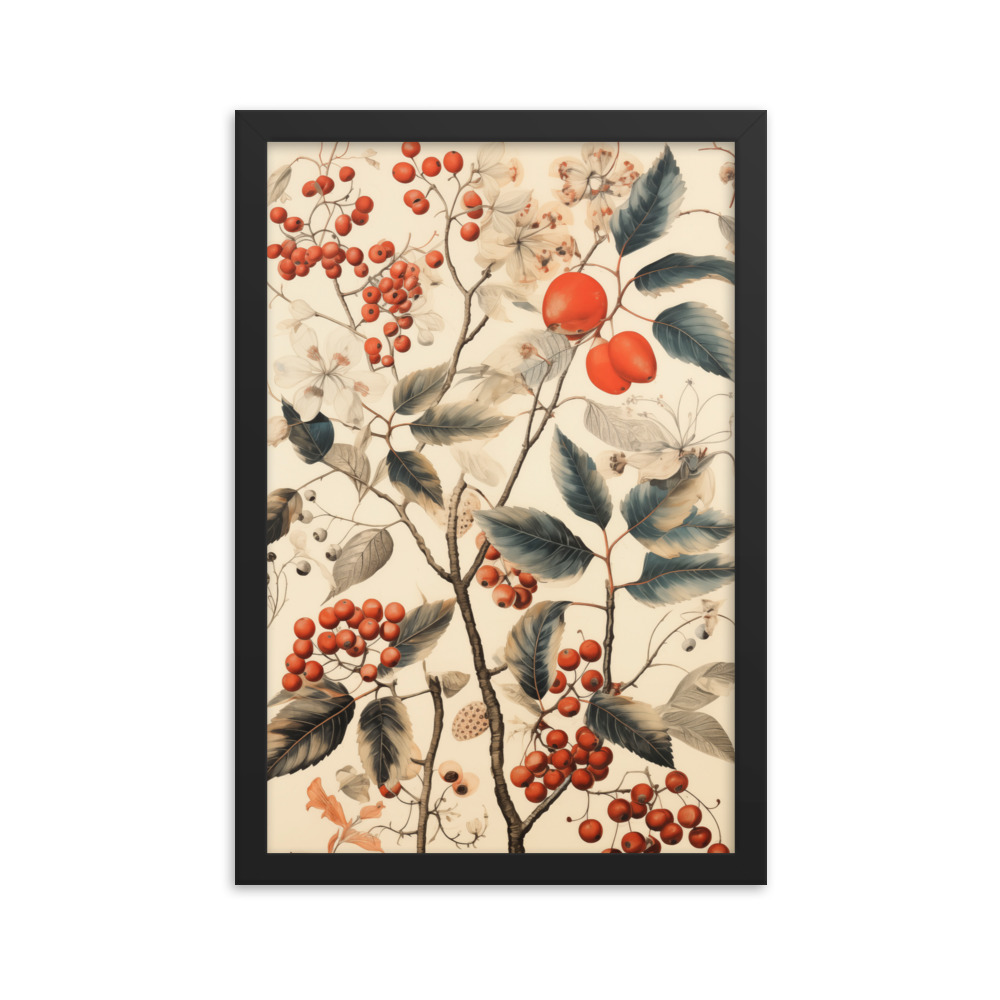 Vintage Floral Motifs with Red Berries 01 | Framed poster