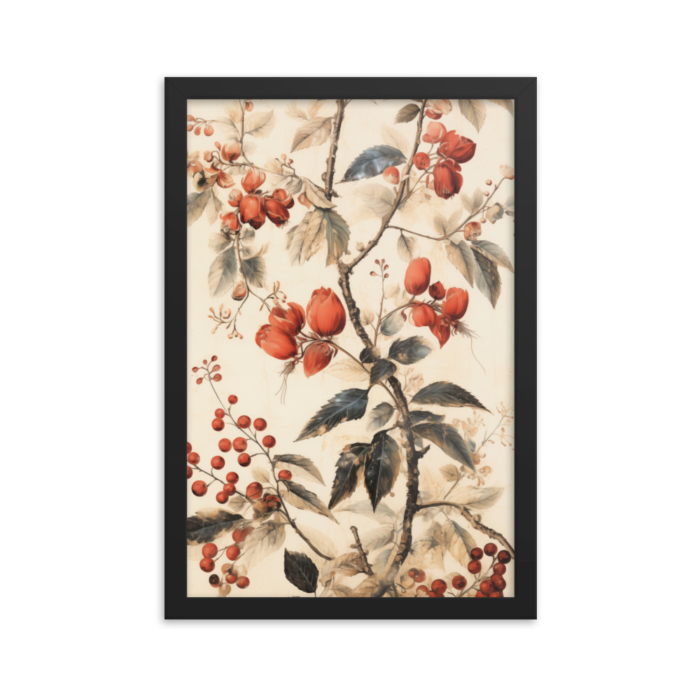 Vintage Floral Motifs with Red Berries 02 | Framed poster