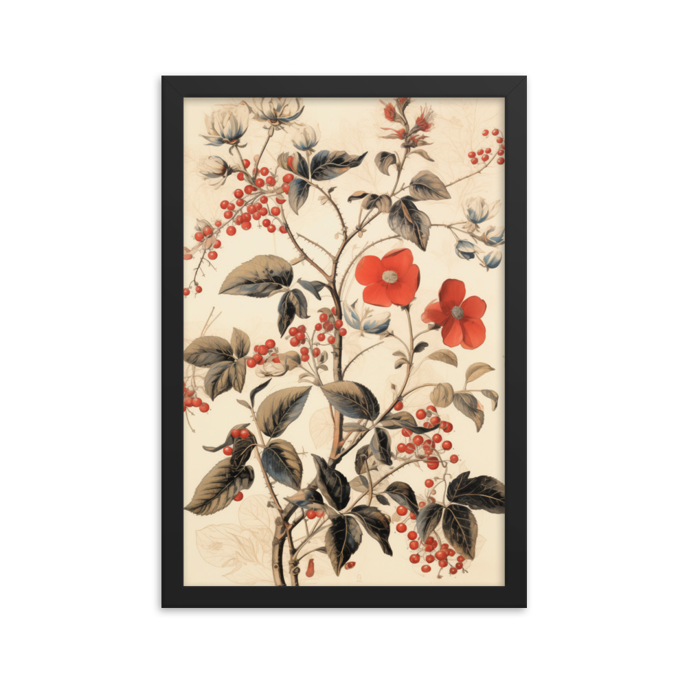 Vintage Floral Motifs with Red Berries 03 | Framed poster