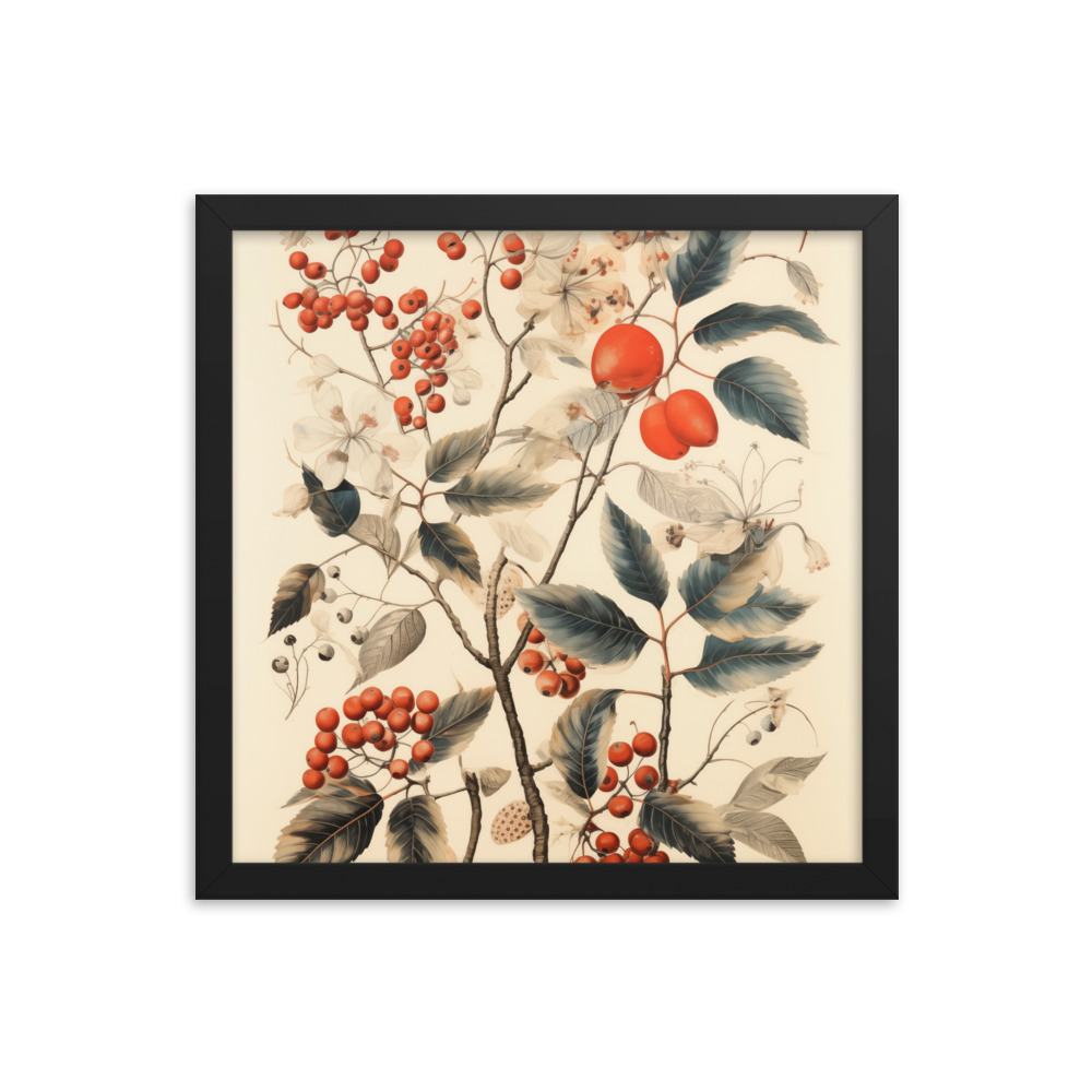 Vintage Floral Motifs with Red Berries 01 | Framed poster