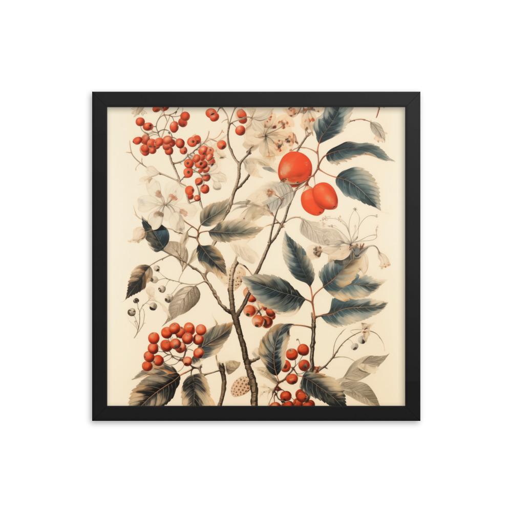 Vintage Floral Motifs with Red Berries 01 | Framed poster