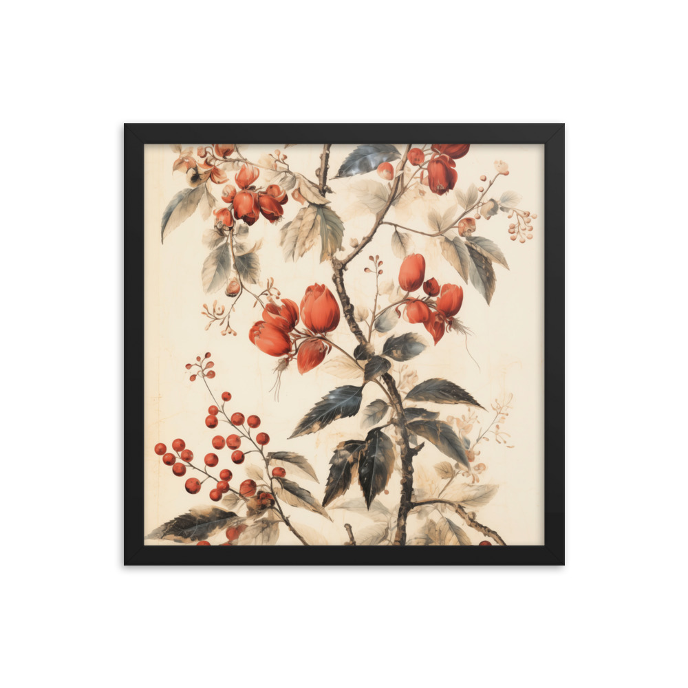 Vintage Floral Motifs with Red Berries 02 | Framed poster