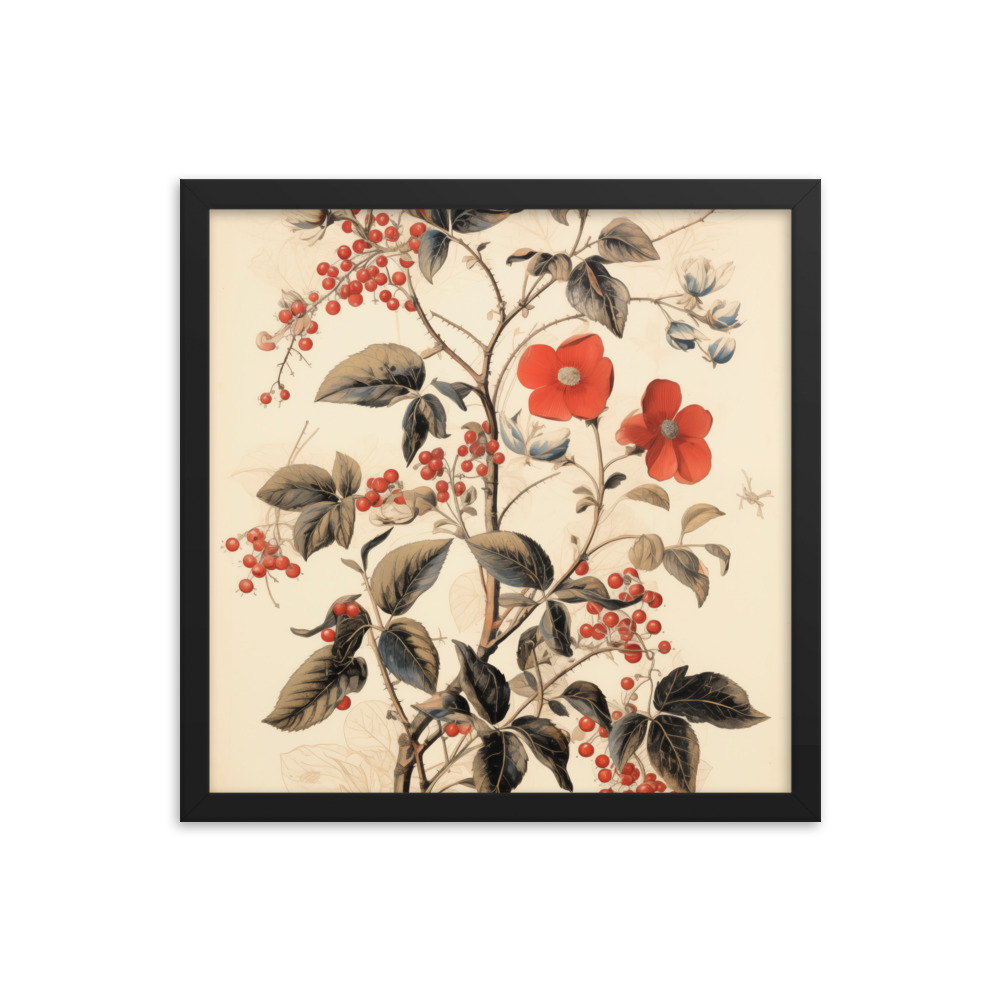 Vintage Floral Motifs with Red Berries 03 | Framed poster