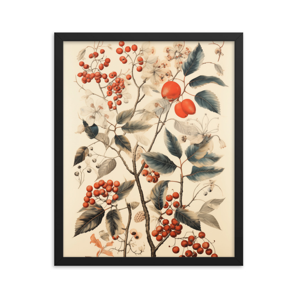 Vintage Floral Motifs with Red Berries 01 | Framed poster