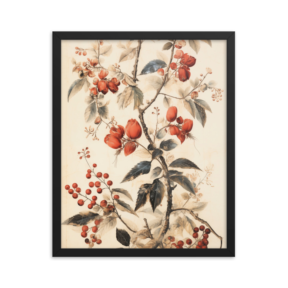 Vintage Floral Motifs with Red Berries 02 | Framed poster