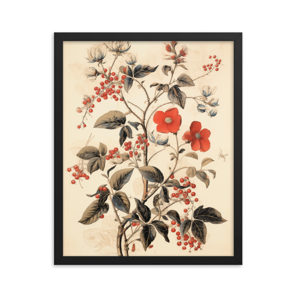Vintage Floral Motifs with Red Berries 03 | Framed poster