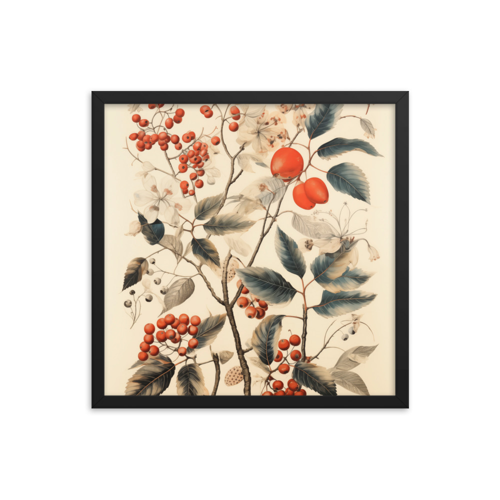 Vintage Floral Motifs with Red Berries 01 | Framed poster