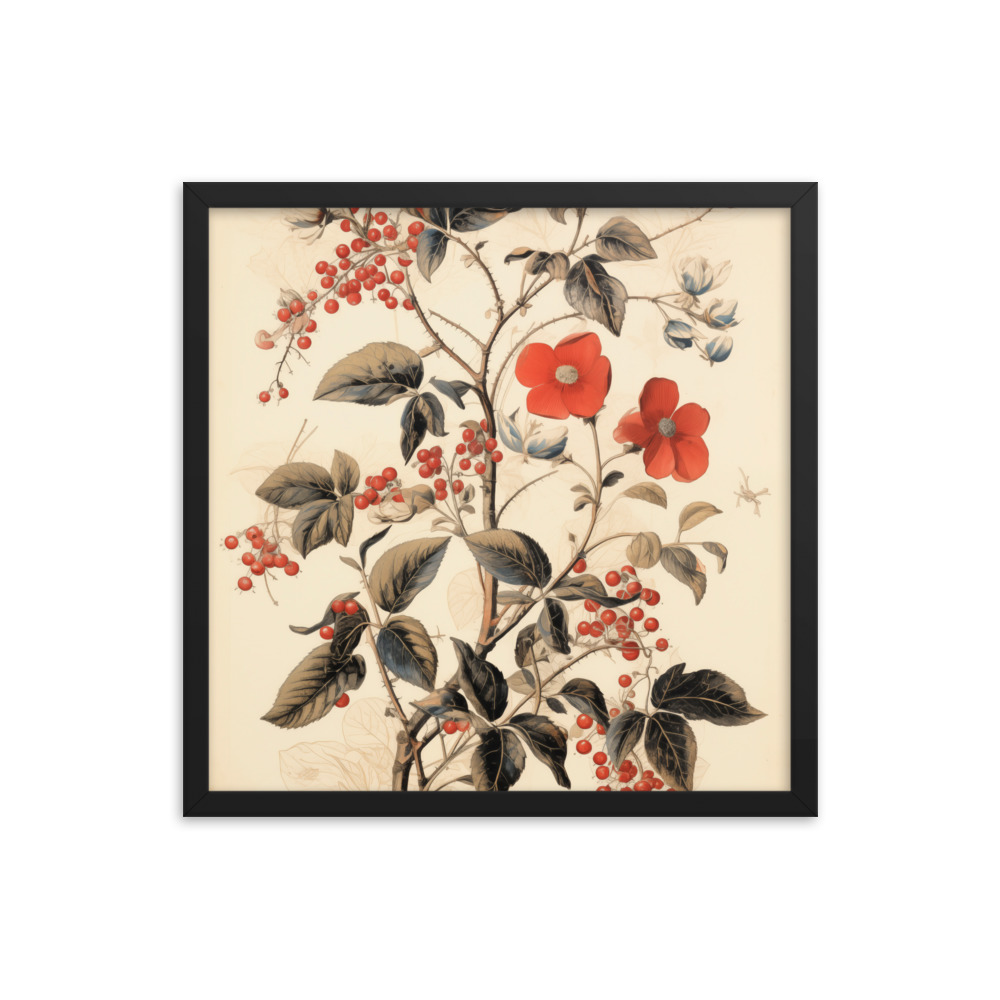 Vintage Floral Motifs with Red Berries 03 | Framed poster