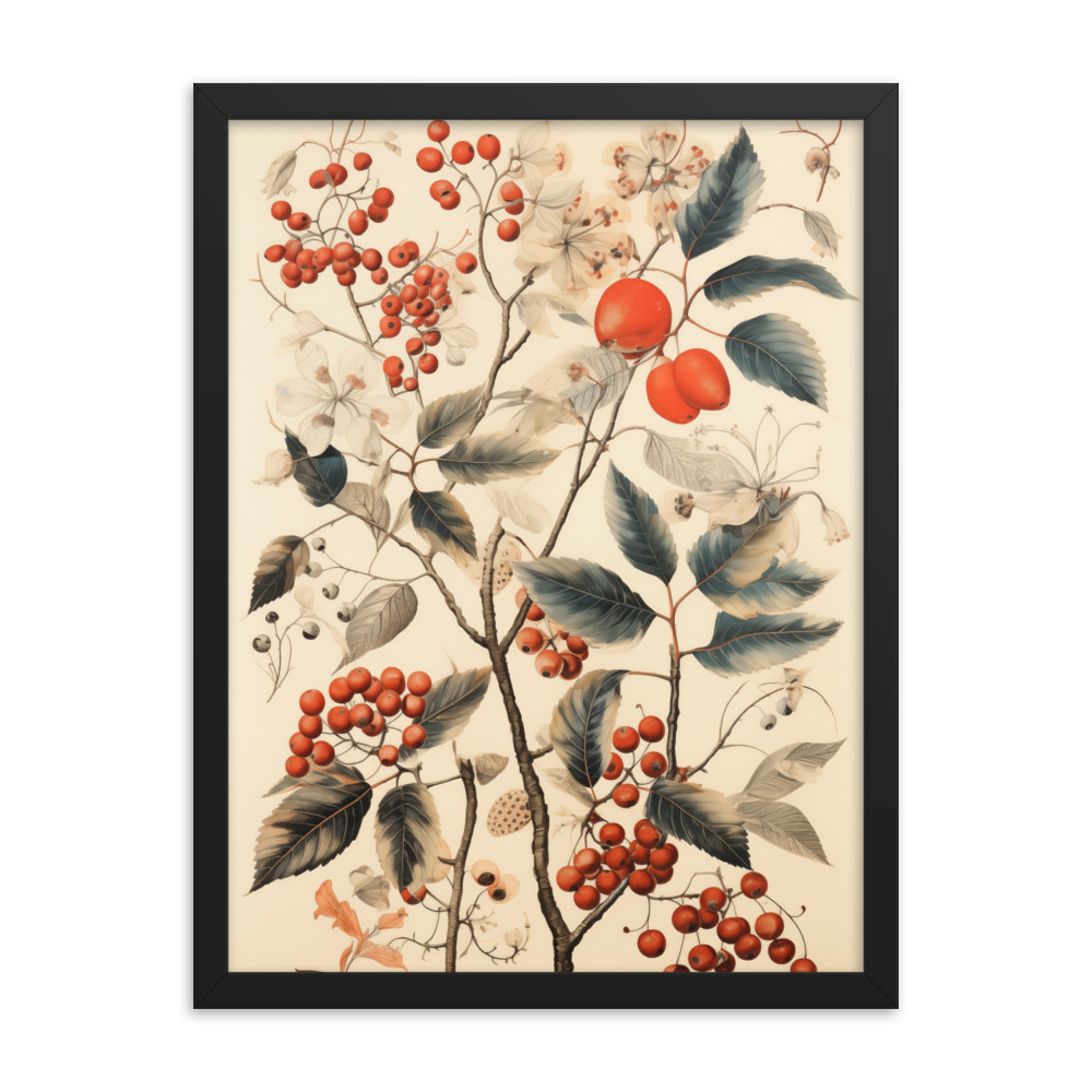 Vintage Floral Motifs with Red Berries 01 | Framed poster