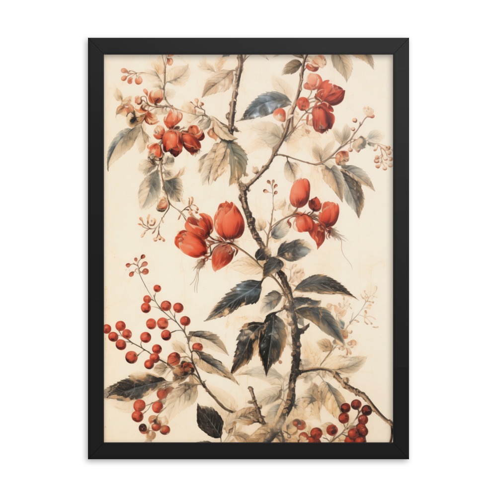 Vintage Floral Motifs with Red Berries 02 | Framed poster