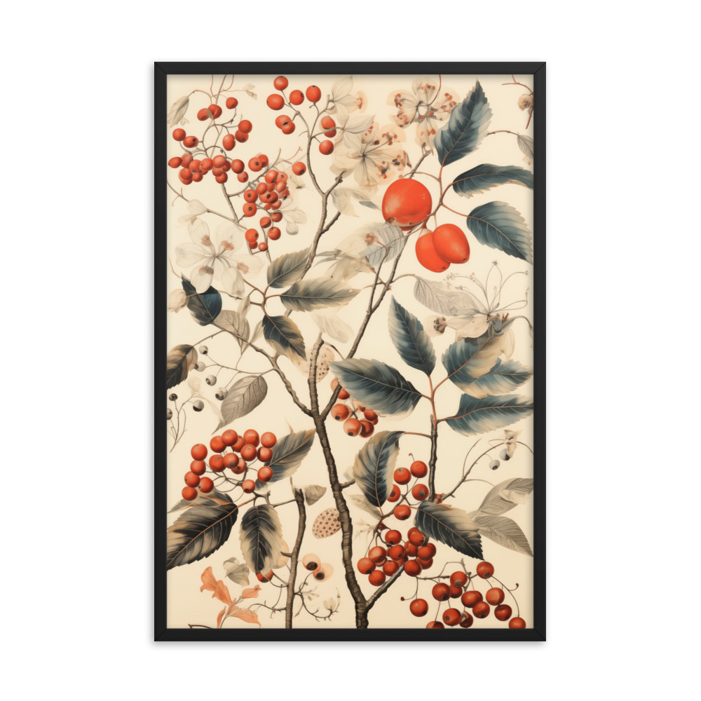 Vintage Floral Motifs with Red Berries 01 | Framed poster