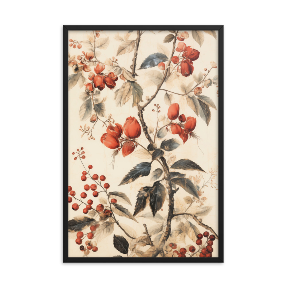 Vintage Floral Motifs with Red Berries 02 | Framed poster