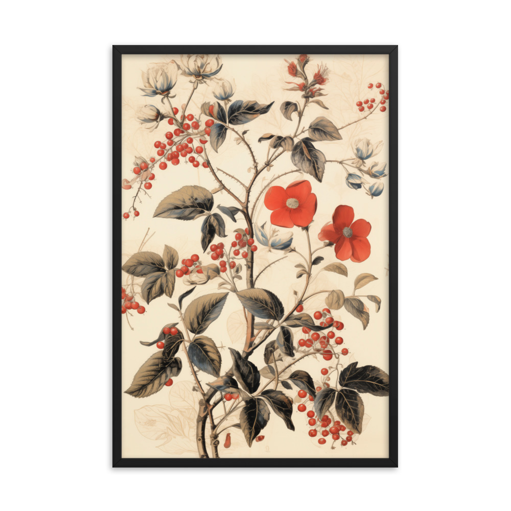 Vintage Floral Motifs with Red Berries 03 | Framed poster