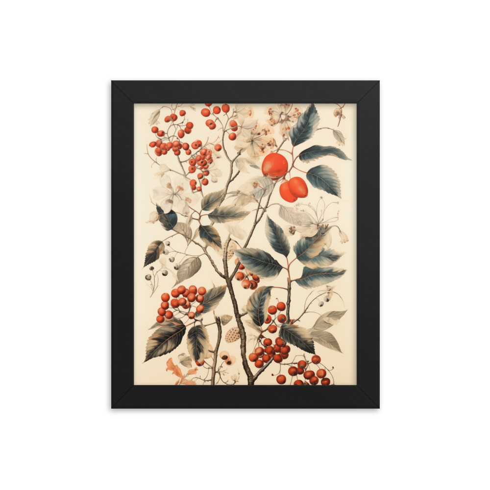 Vintage Floral Motifs with Red Berries 01 | Framed poster