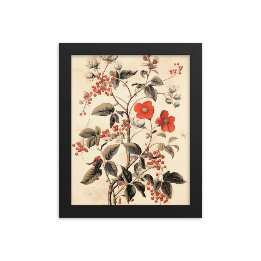 Vintage Floral Motifs with Red Berries 03 | Framed poster