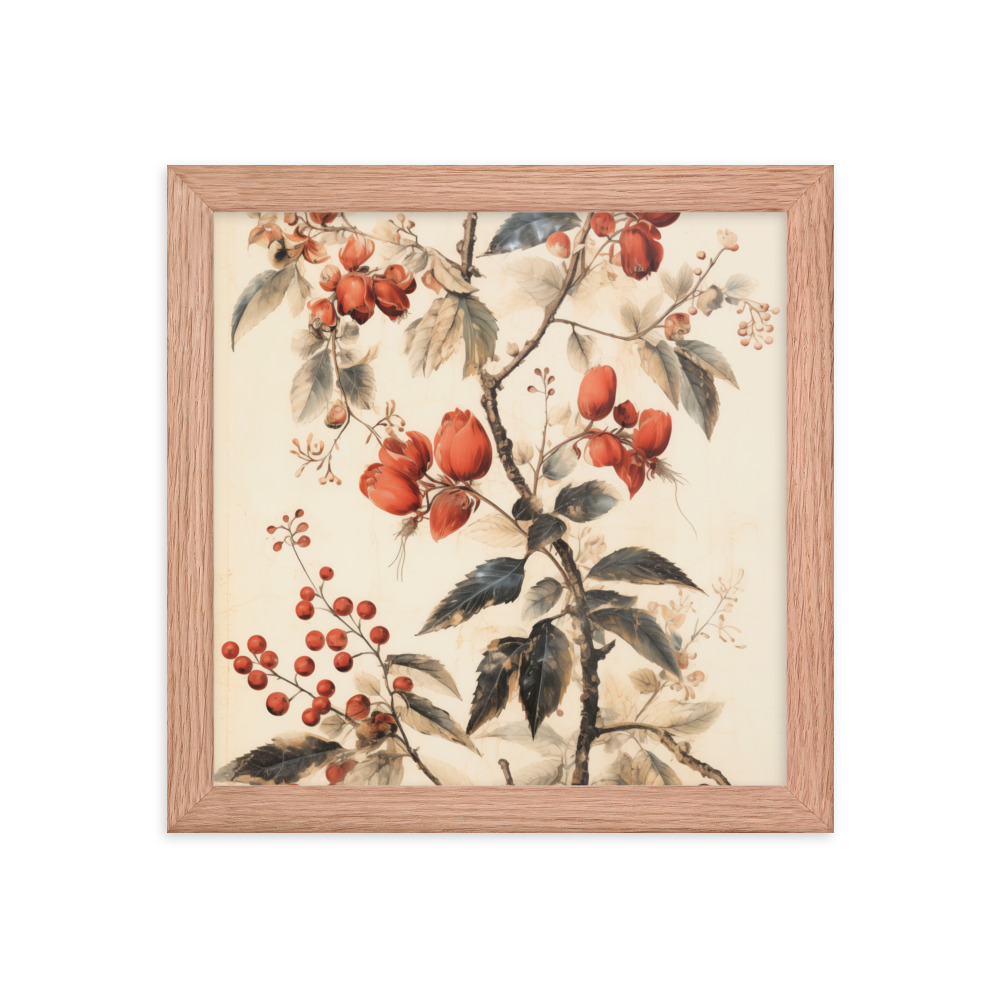 Vintage Floral Motifs with Red Berries 02 | Framed poster