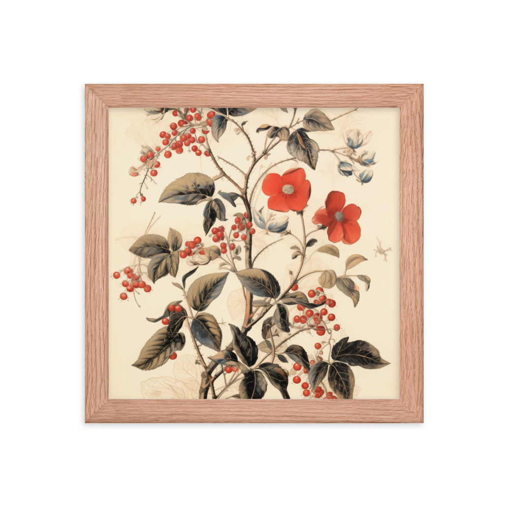 Vintage Floral Motifs with Red Berries 03 | Framed poster