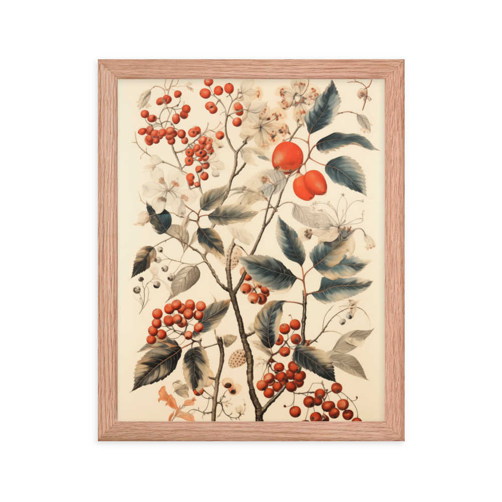 Vintage Floral Motifs with Red Berries 01 | Framed poster