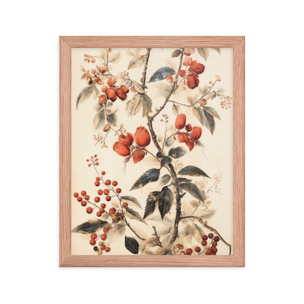 Vintage Floral Motifs with Red Berries 02 | Framed poster