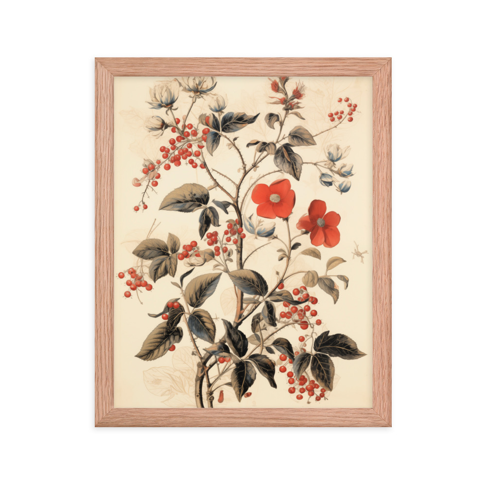 Vintage Floral Motifs with Red Berries 03 | Framed poster