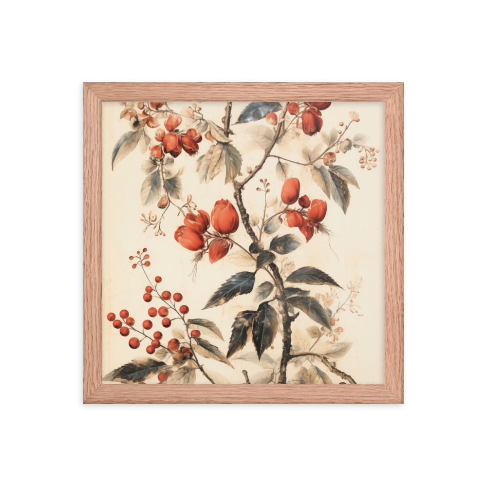Vintage Floral Motifs with Red Berries 02 | Framed poster