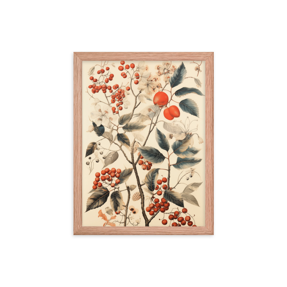 Vintage Floral Motifs with Red Berries 01 | Framed poster